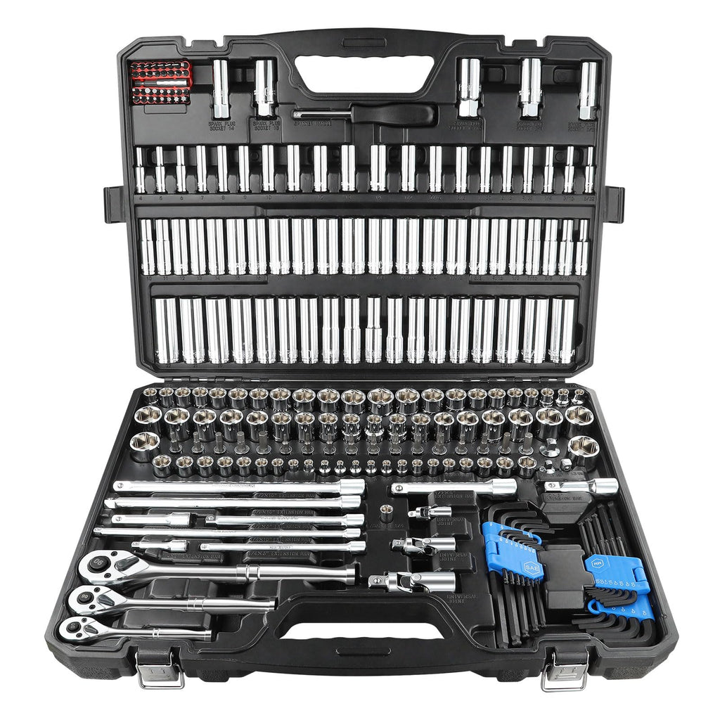 225PCS Mechanic Tool Set, 1/4" & 3/8" & 1/2" Drive Socket Wrench Set, Metric and Standard with 90-Tooth Ratchet Y29836