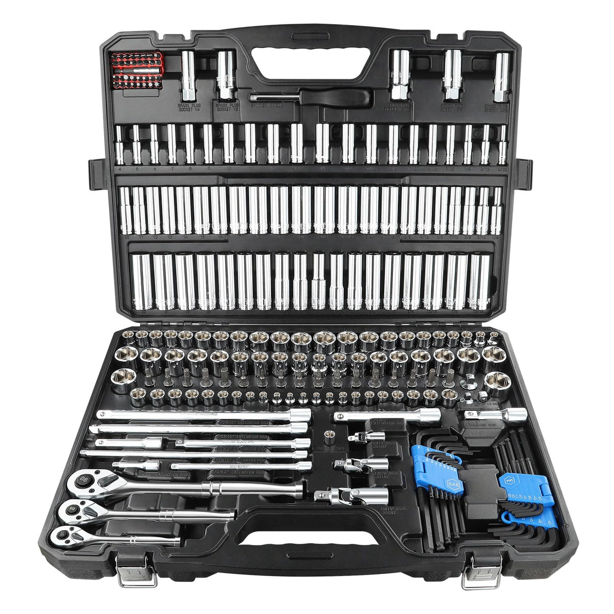 225PCS Mechanic Tool Set, 1/4" & 3/8" & 1/2" Drive Socket Wrench Set, Metric and Standard with 90-Tooth Ratchet Y29836