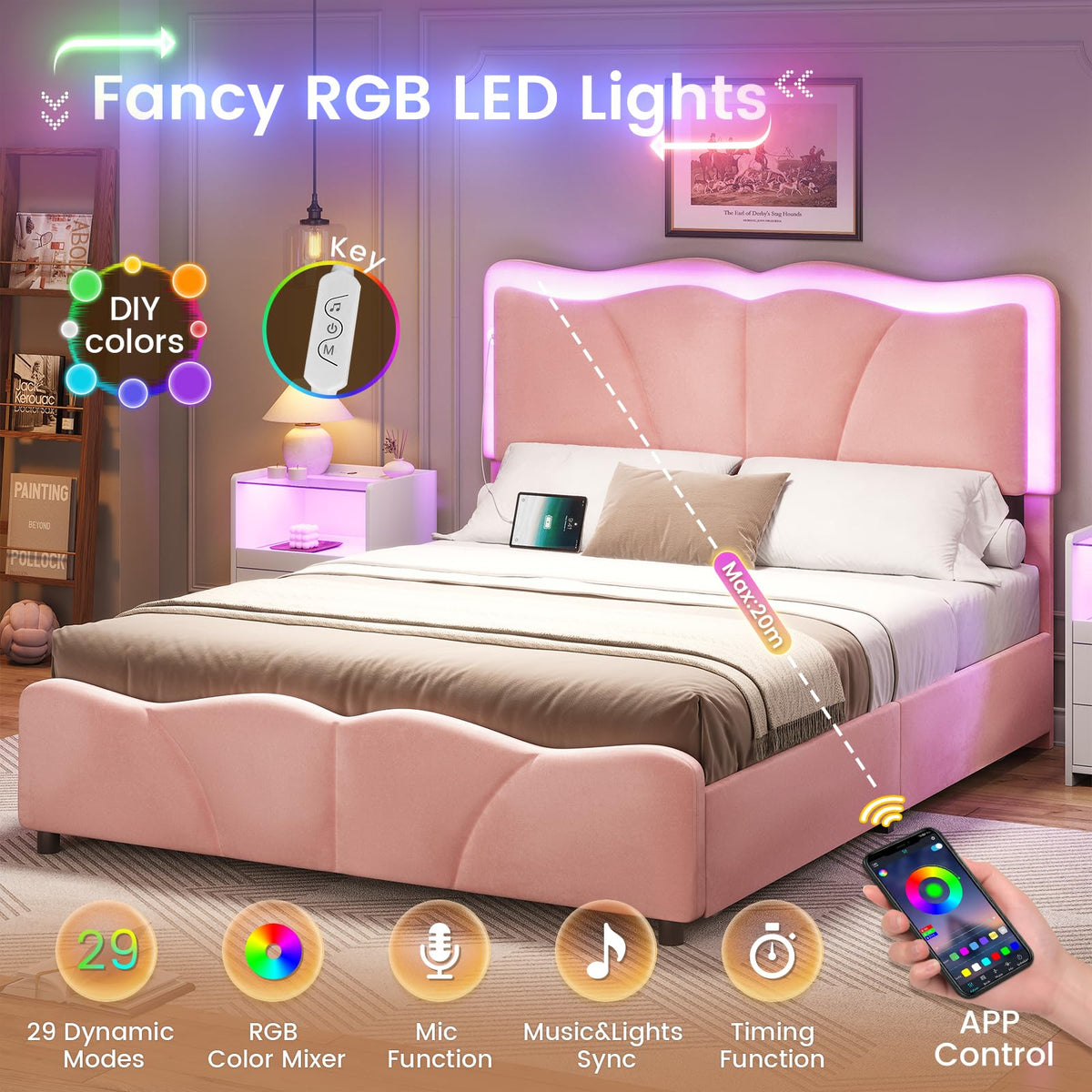 Pink Velvet Upholstered Platform Bed Frame with 4 Storage Drawers T337