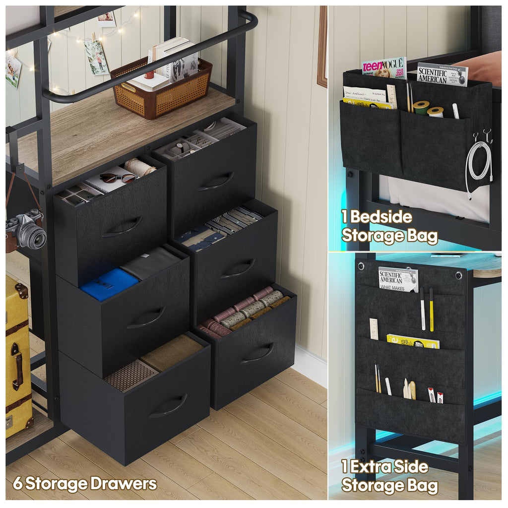 Twin Loft Bed with Desk and 6 Storage Drawers S2627