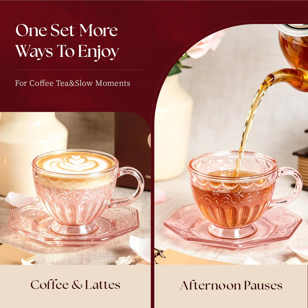 Glass Tea Cup and Saucer Set, 12 oz V293928