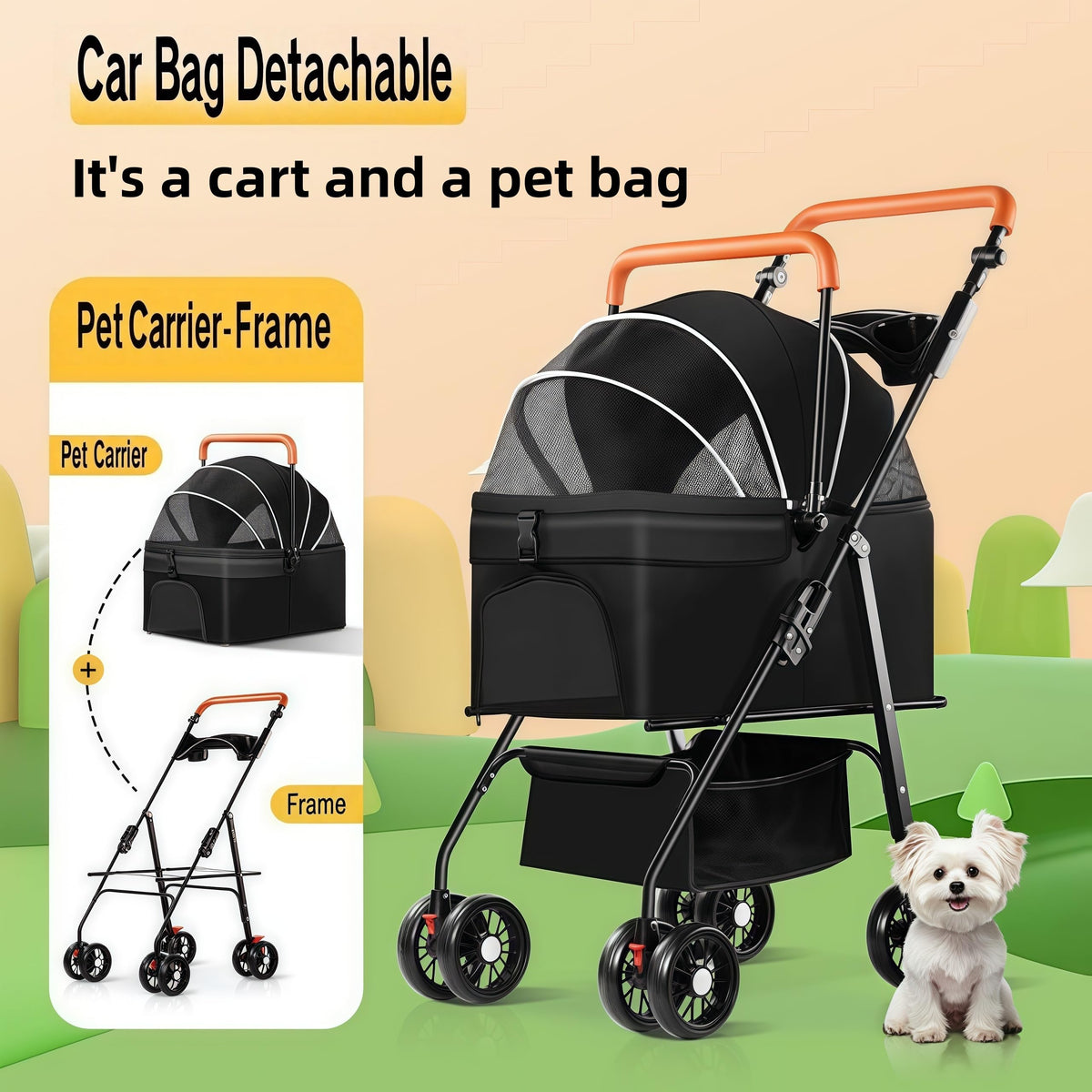 Black Foldable Pet Stroller with Storage Basket B613257