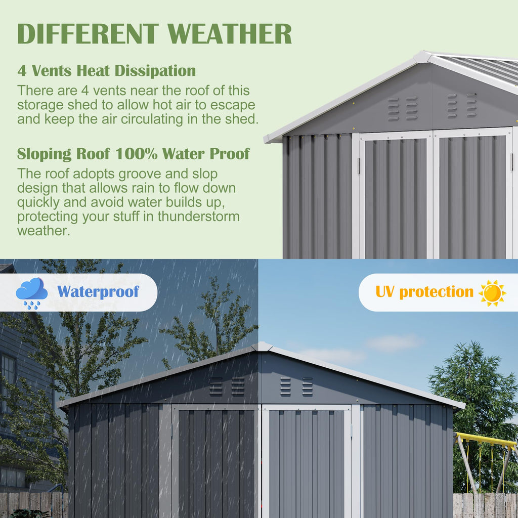 12x8 FT Galvanized Steel Storage Shed with Lockable Doors B53968