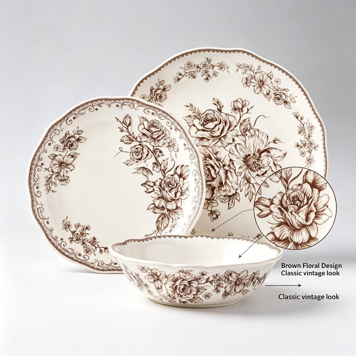 12 Piece Green Floral Stoneware Dinnerware Set J5740