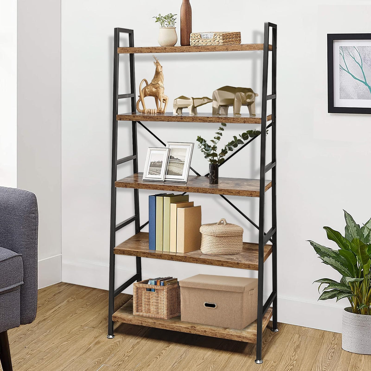 5 Tier Rustic Brown Wood and Metal Bookshelf Z904119