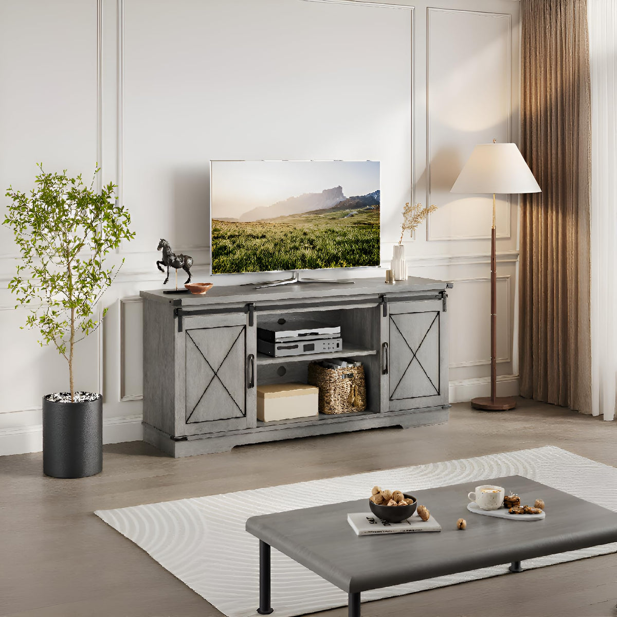 65" Rustic Farmhouse TV Stand with Sliding Barn Doors D3744