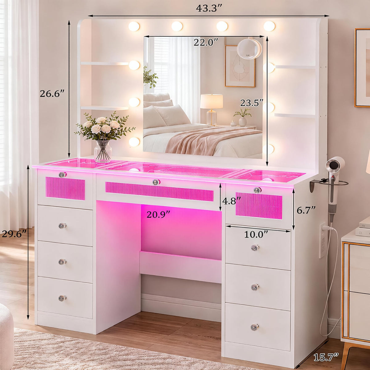 White Vanity with Lighted Mirror and Glass Top R8685
