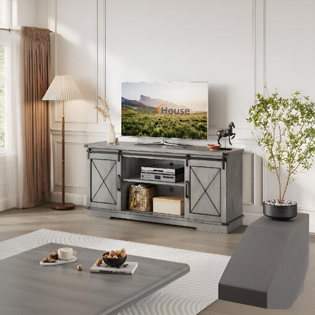 65" Rustic Farmhouse TV Stand with Sliding Barn Doors D3744