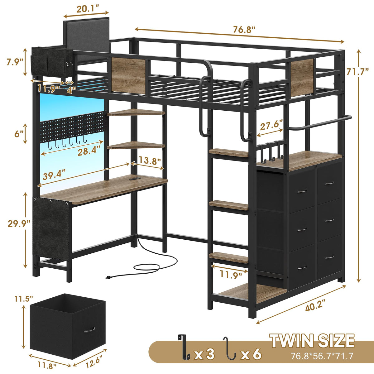 Twin Loft Bed with Desk and 6 Storage Drawers S2627