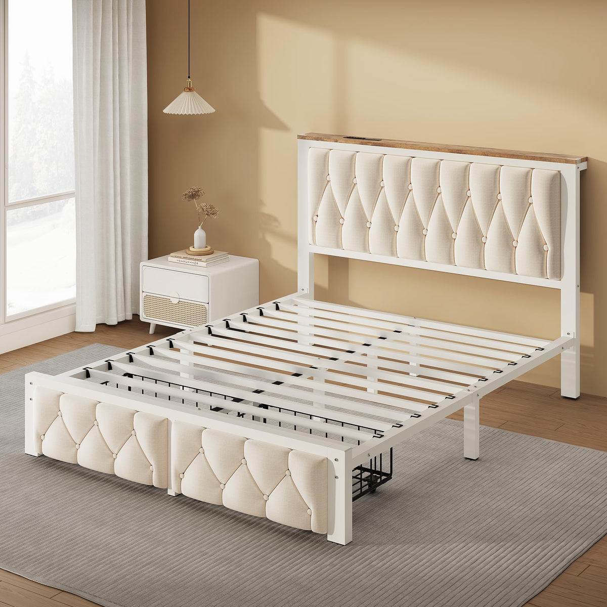 Beige Full Upholstered Platform Bed Frame with 2 Storage Drawers J831683