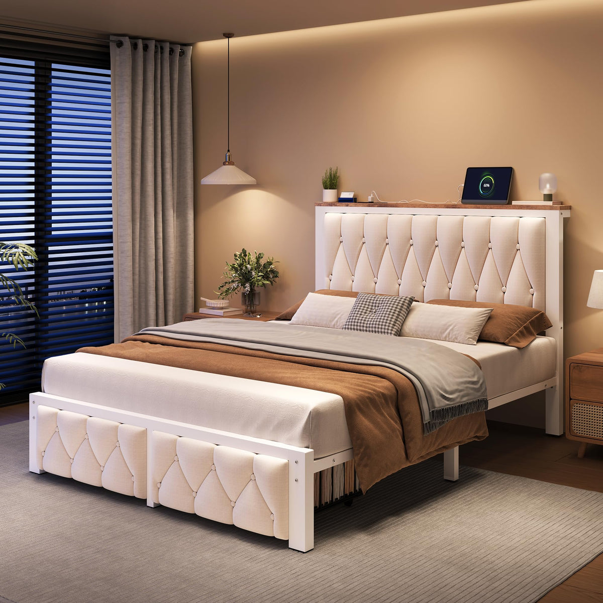 Beige Full Upholstered Platform Bed Frame with 2 Storage Drawers J831683