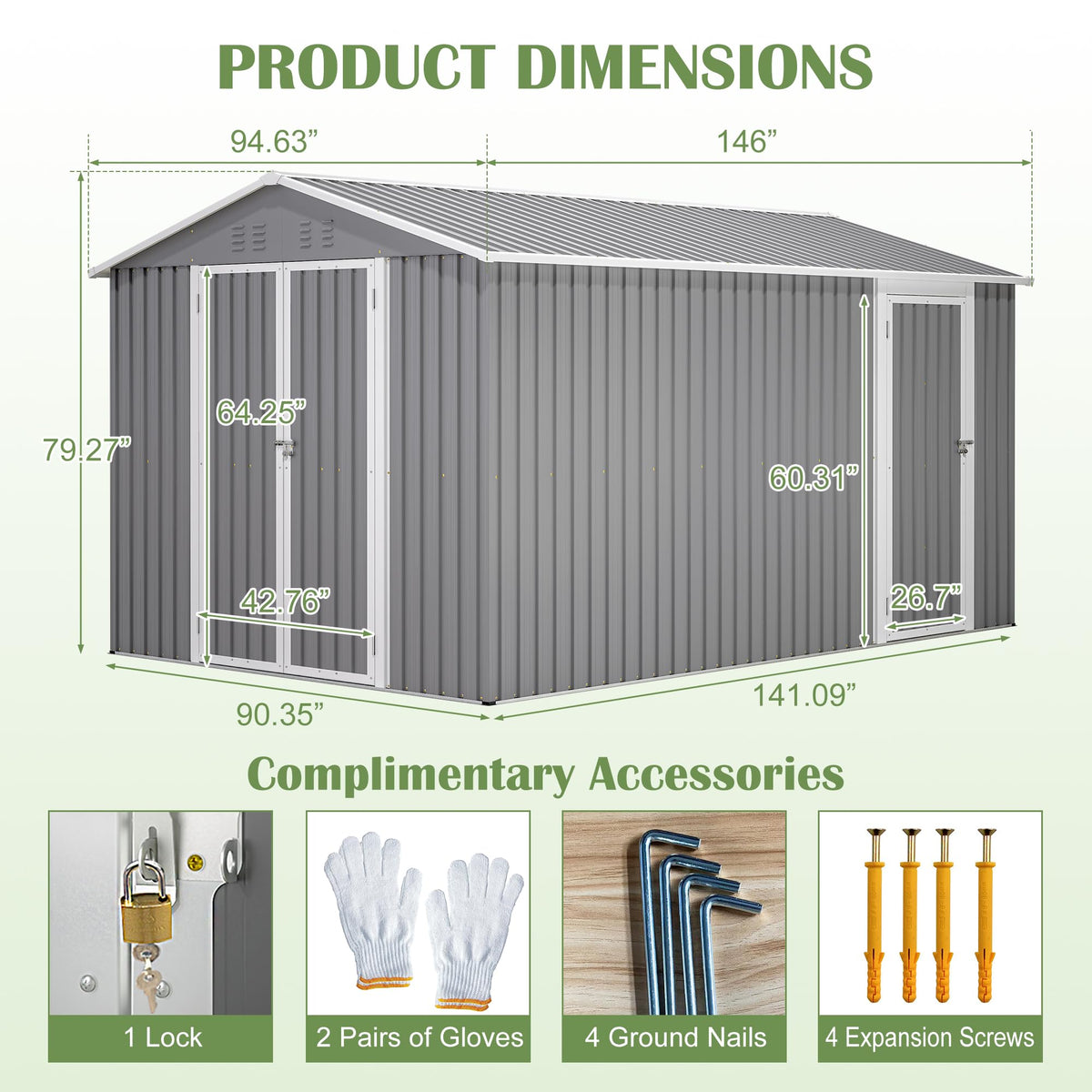 12x8 FT Galvanized Steel Storage Shed with Lockable Doors B53968