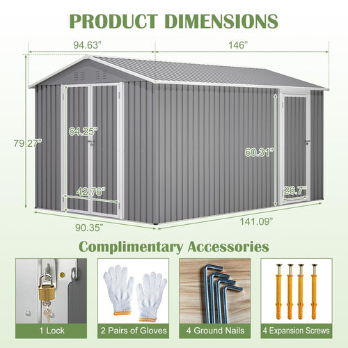 12x8 FT Galvanized Steel Storage Shed with Lockable Doors B53968