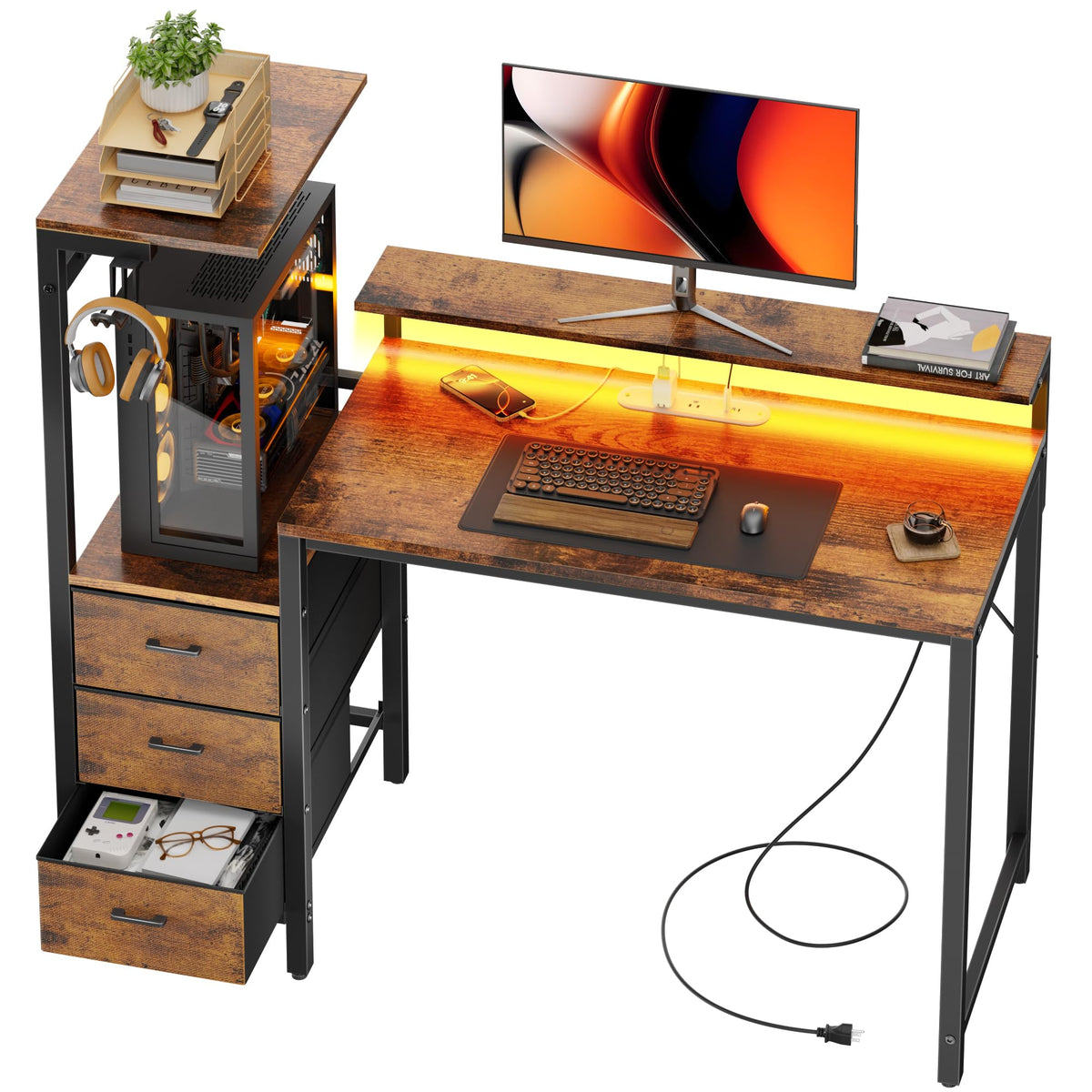 44 Inch Gaming Desk with Power Outlets & LED Lights D145259