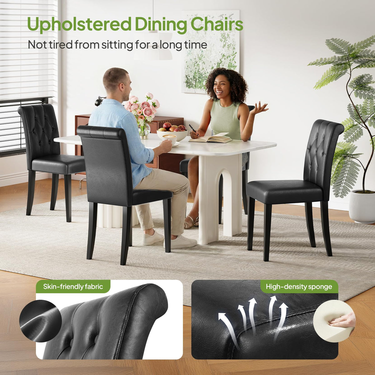 Upholstered Dining Chairs Set of 4 Tufted Wood Legs Jet Black V71682