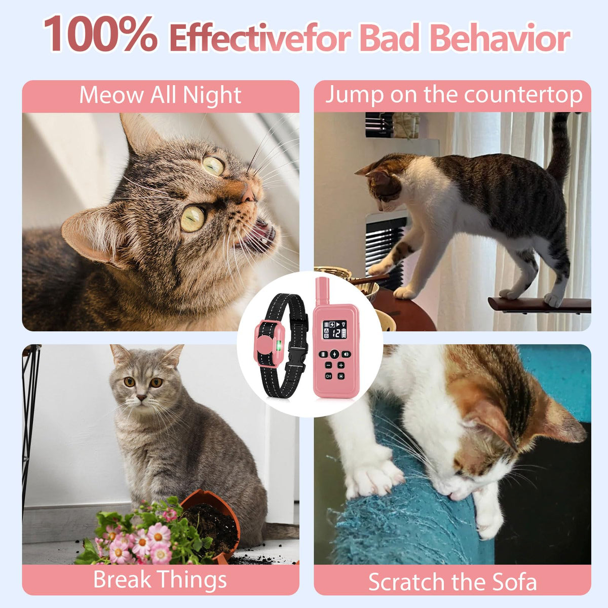 Cat Training Collar with Remote Shock Vibration Beep 3 Modes Waterproof Rechargeable Pink H234941