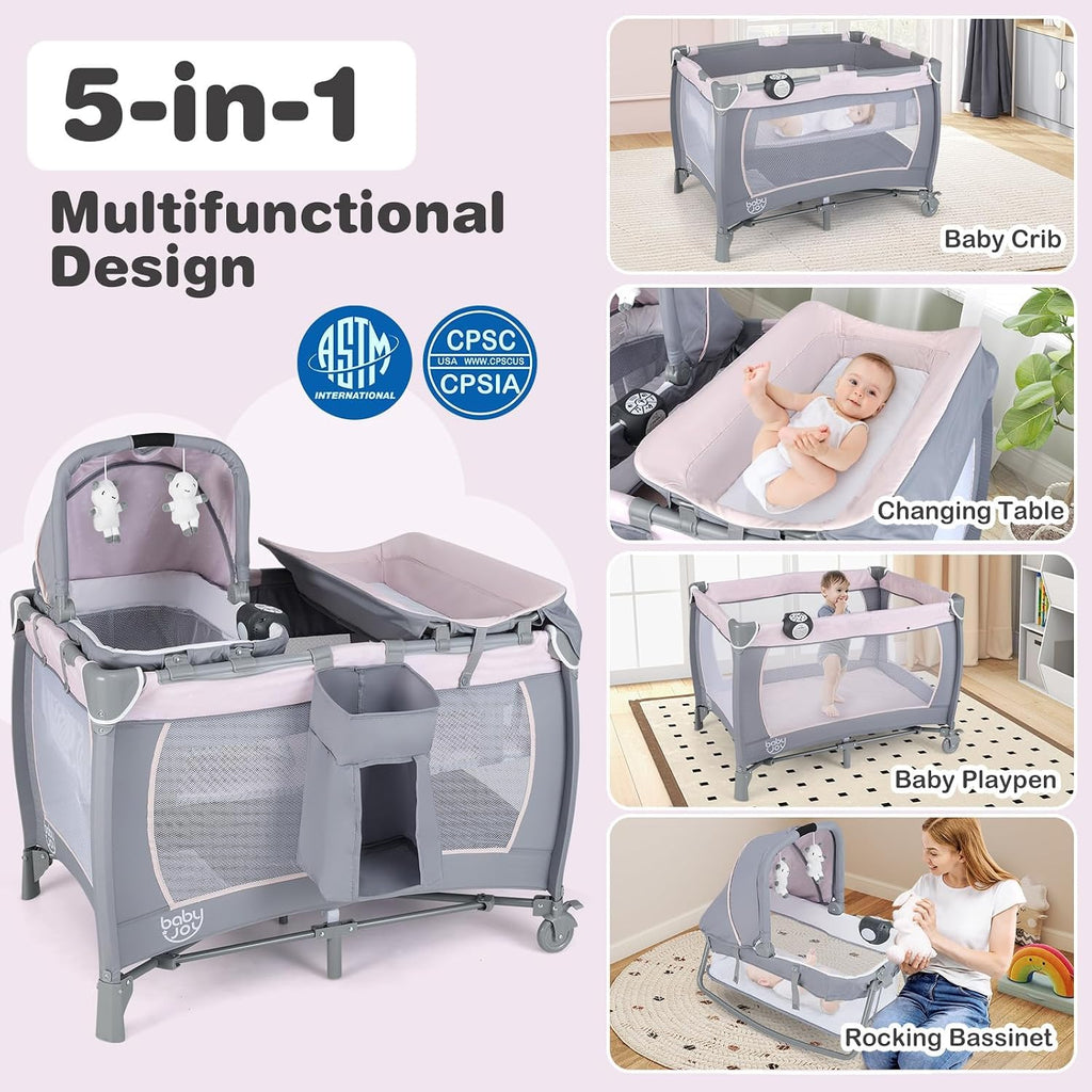 5 in 1 Pack and Play with Bassinet and Diaper Changing Table Y701