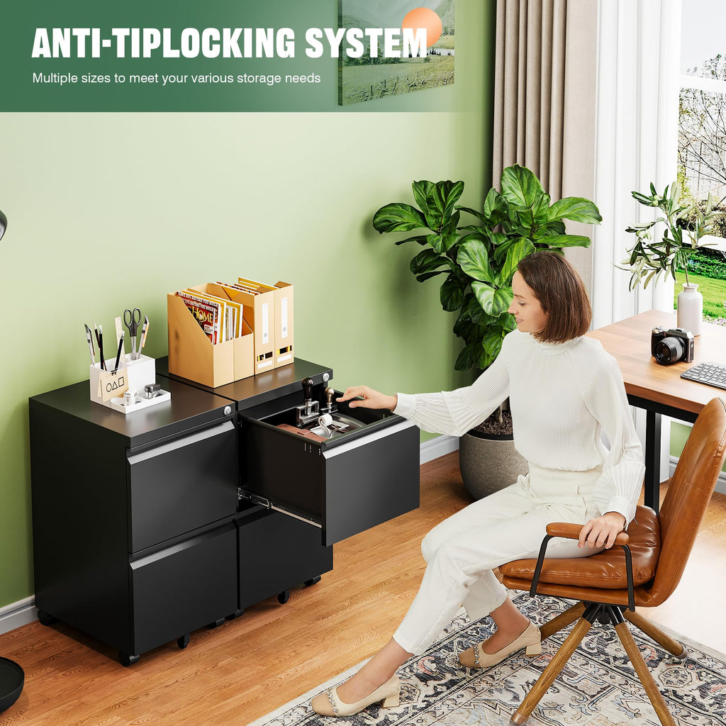 2 Drawer Black Metal Mobile File Cabinet with Lock U31044