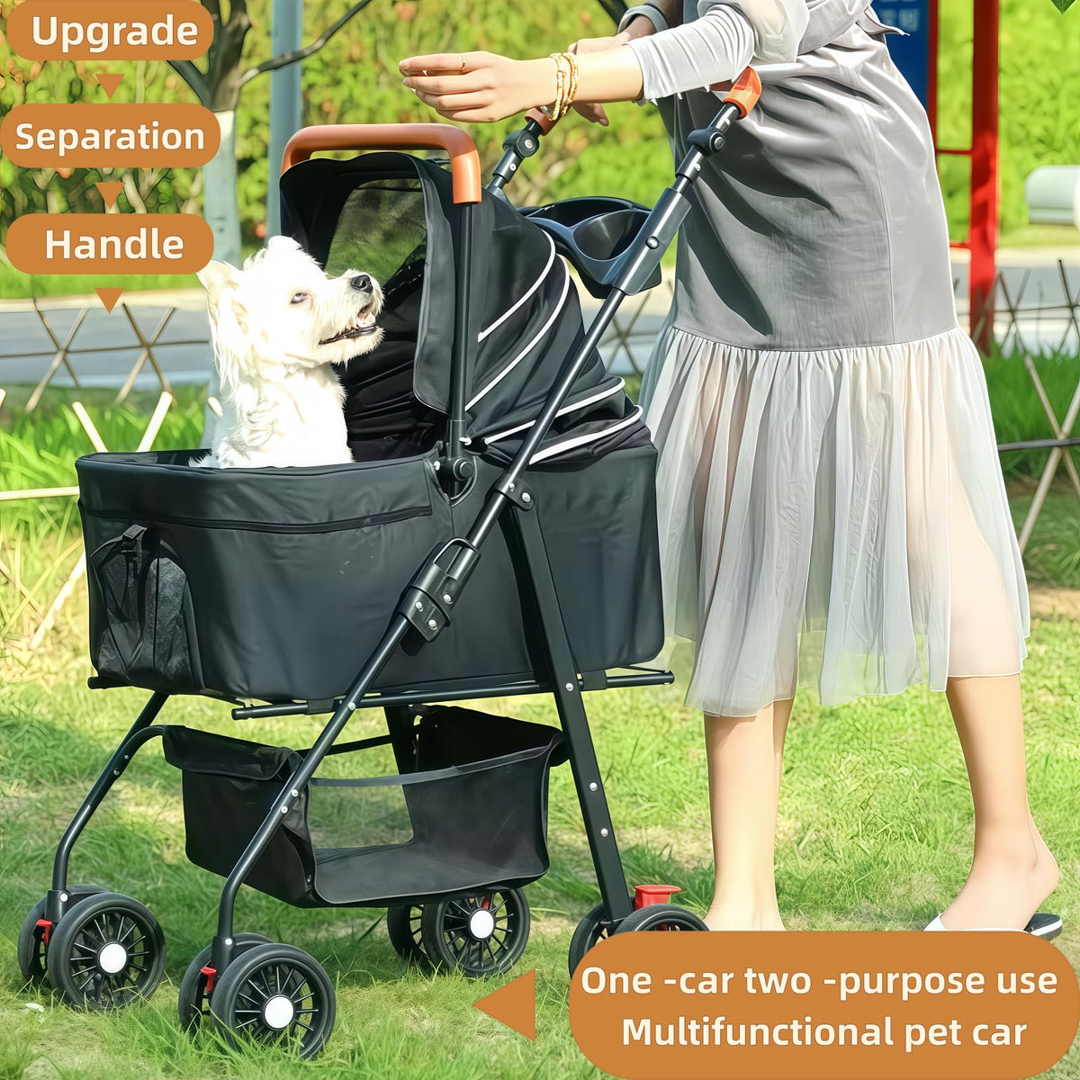 Black Foldable Pet Stroller with Storage Basket B613257
