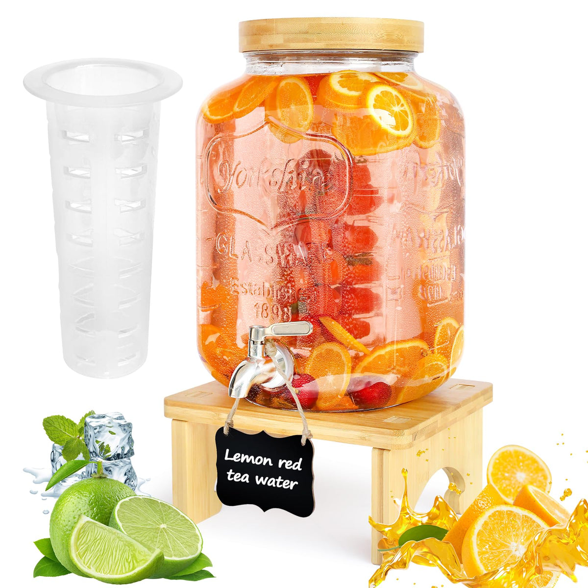 2 Gallon Glass Beverage Dispenser with Wood Stand M6904