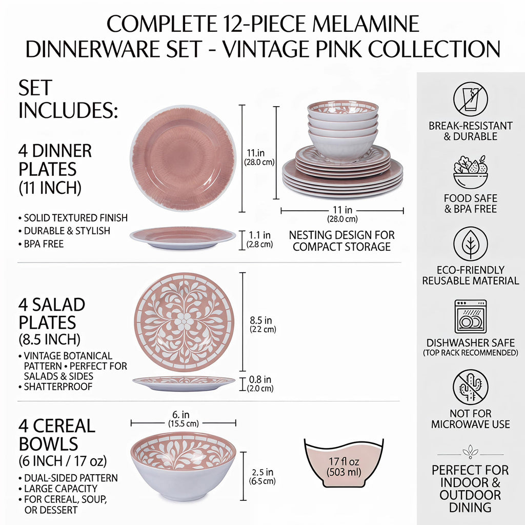 12 Pcs Light Pink Melamine Dinnerware Set A84356