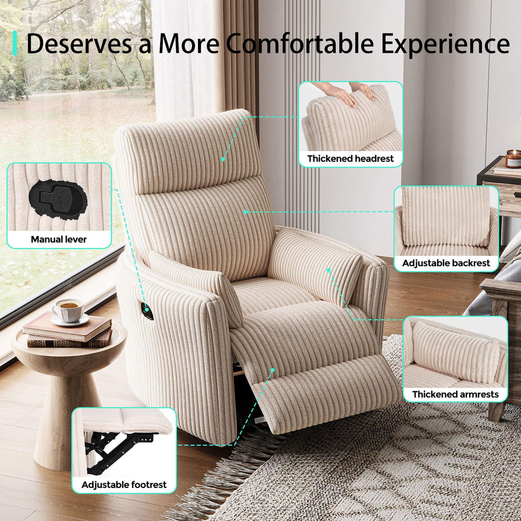 360 Swivel Recliner Chair with 2 Pillows Beige Corduroy W97829