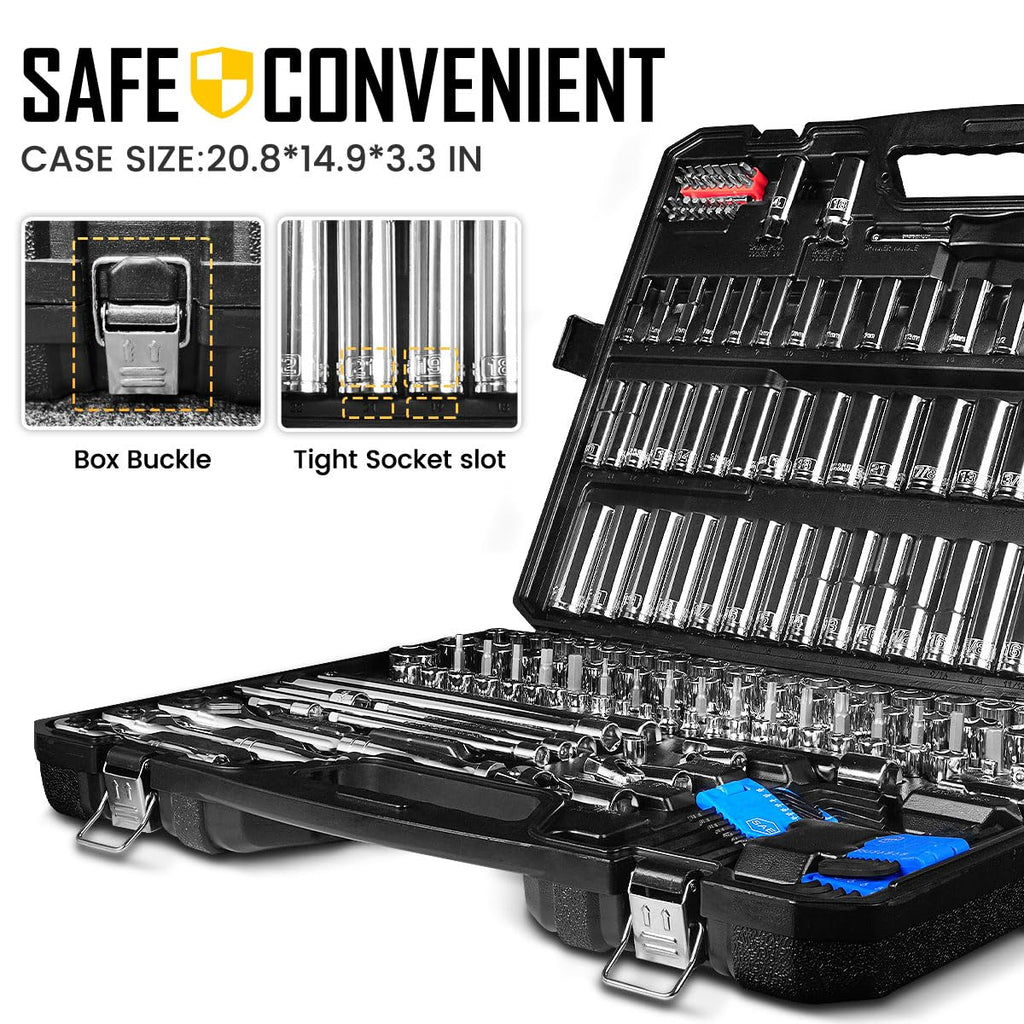 225PCS Mechanic Tool Set, 1/4" & 3/8" & 1/2" Drive Socket Wrench Set, Metric and Standard with 90-Tooth Ratchet Y29836