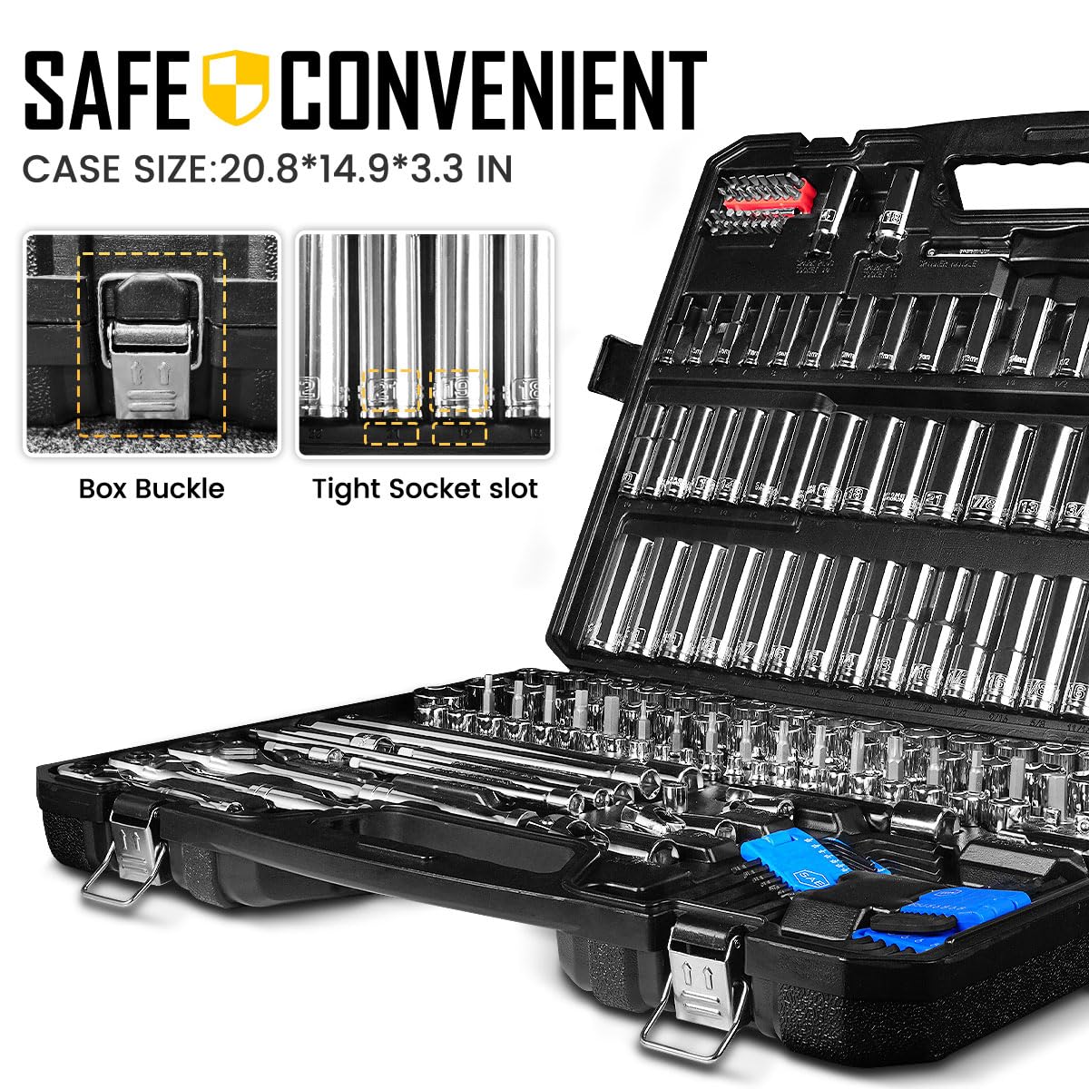 225PCS Mechanic Tool Set, 1/4" & 3/8" & 1/2" Drive Socket Wrench Set, Metric and Standard with 90-Tooth Ratchet Y29836