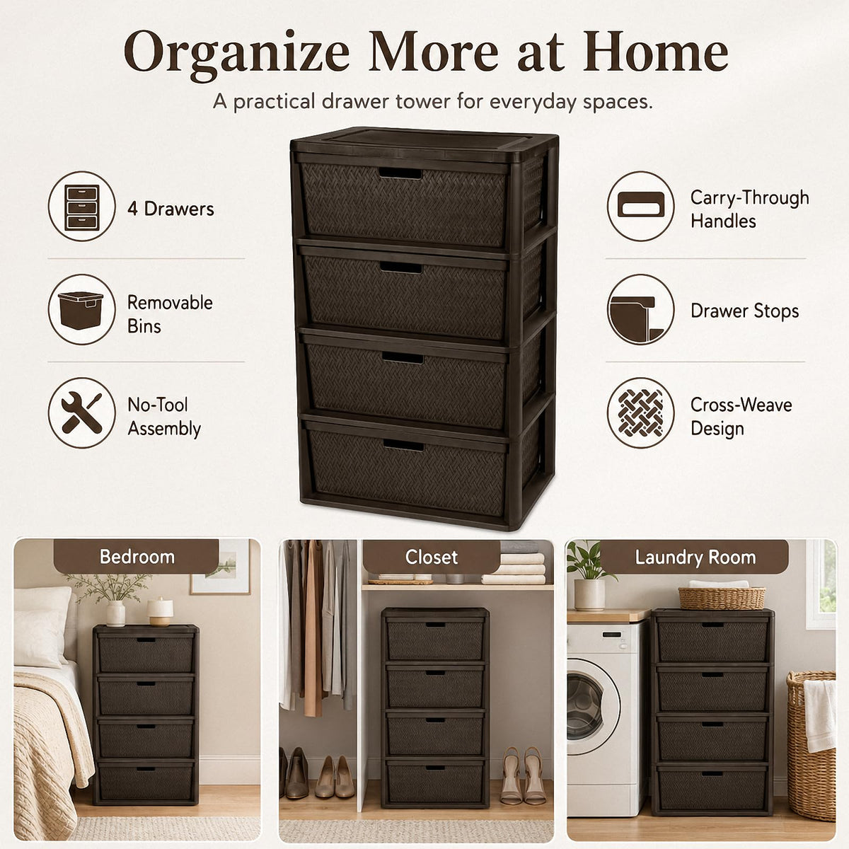 Brown 4 Drawer Plastic Storage Organizer L3166
