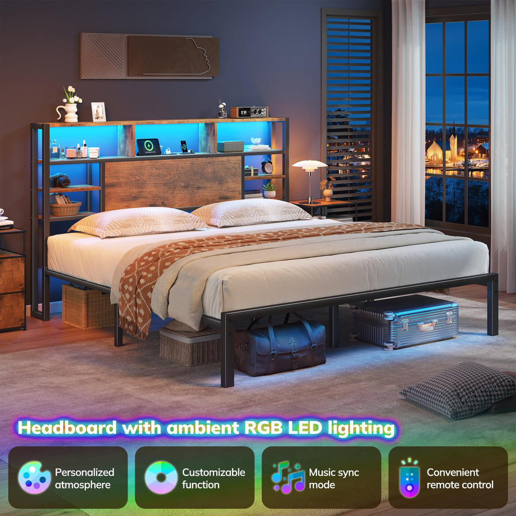 King Bed Frame with Storage Headboard and Charging Station P6449