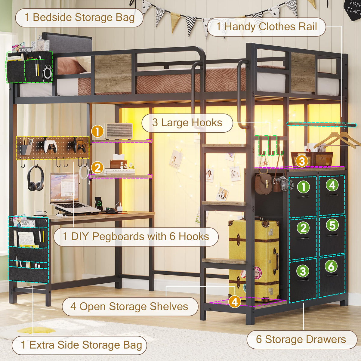Twin Loft Bed with Desk and 6 Storage Drawers S2627