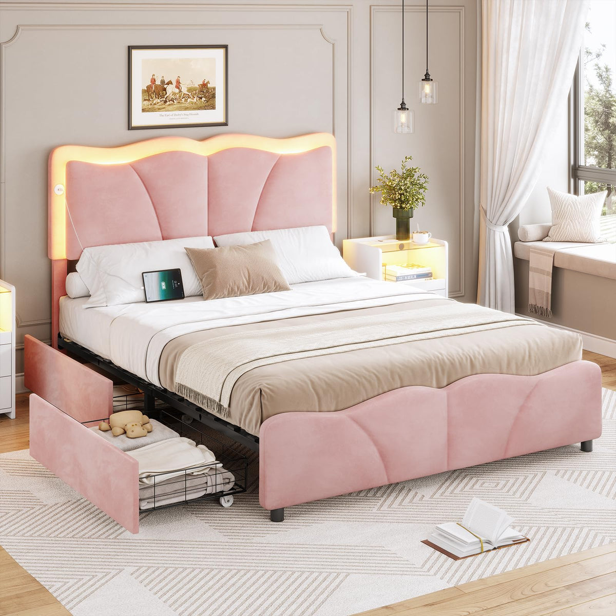 Pink Velvet Upholstered Platform Bed Frame with 4 Storage Drawers T337