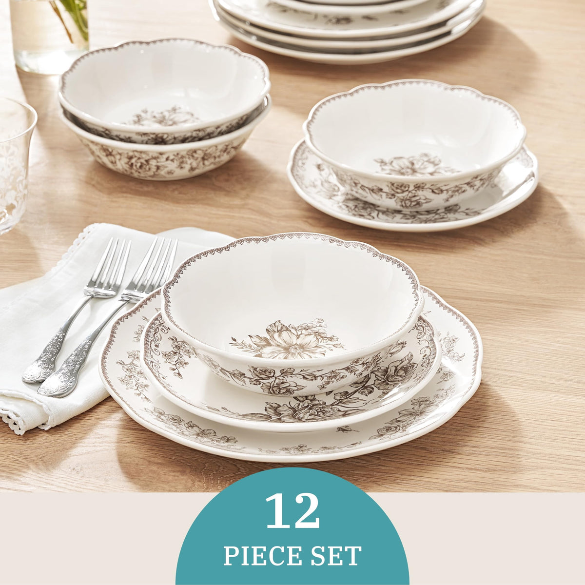 12 Piece Green Floral Stoneware Dinnerware Set J5740