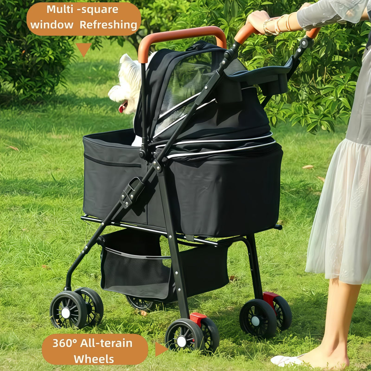 Black Foldable Pet Stroller with Storage Basket B613257