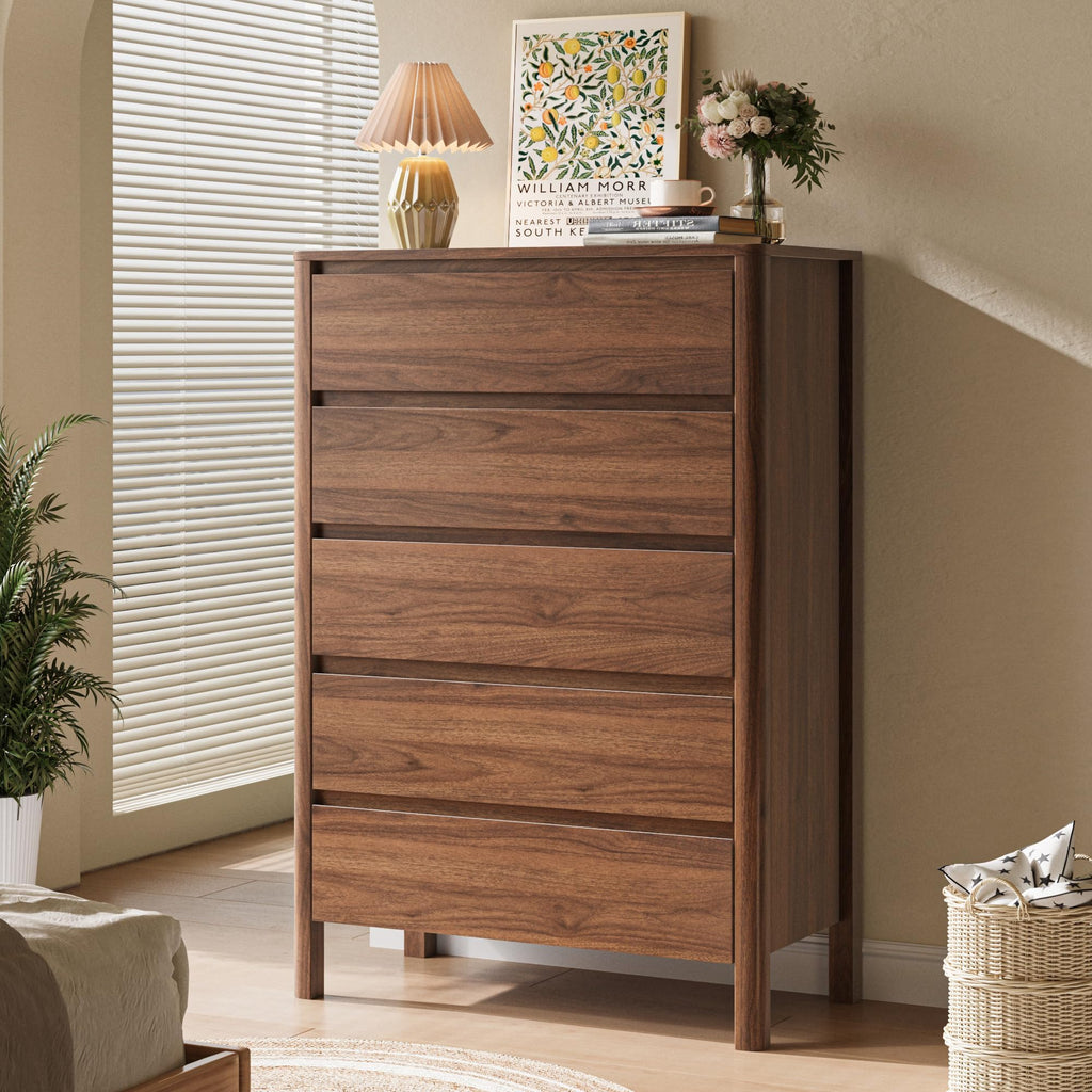 Walnut 5 Drawer Wood Dresser Q453