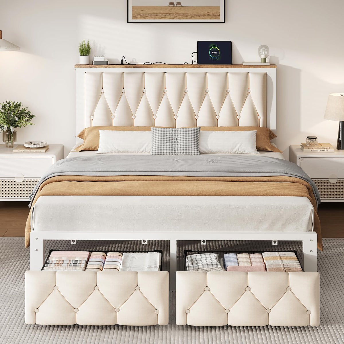 Beige Full Upholstered Platform Bed Frame with 2 Storage Drawers J831683
