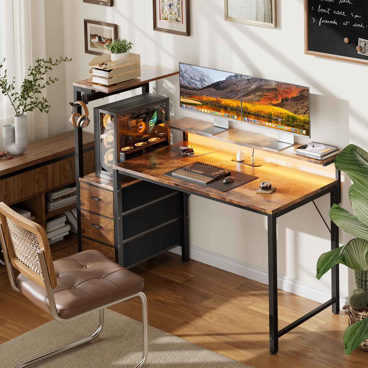 44 Inch Gaming Desk with Power Outlets & LED Lights D145259