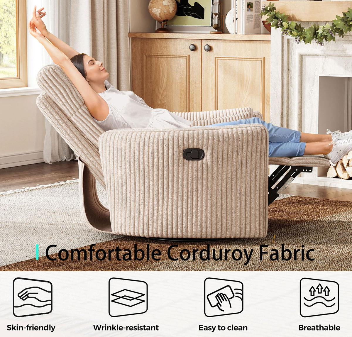 360 Swivel Recliner Chair with 2 Pillows Beige Corduroy W97829