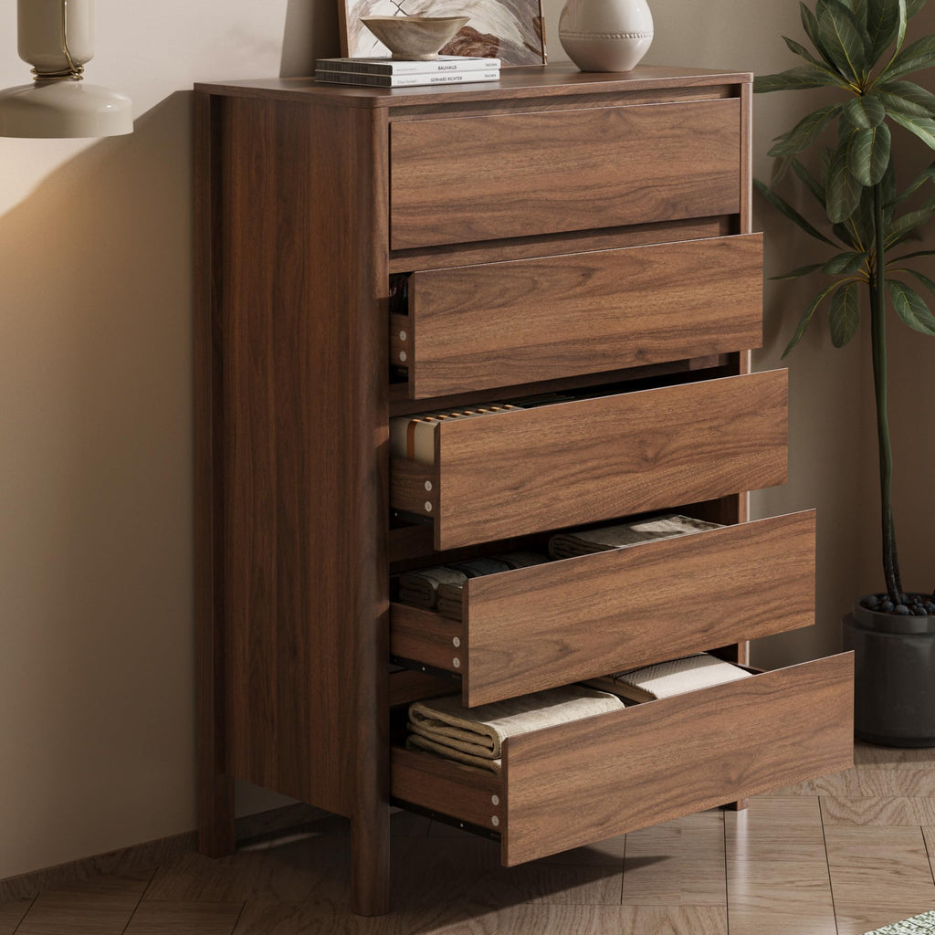 Walnut 5 Drawer Wood Dresser Q453