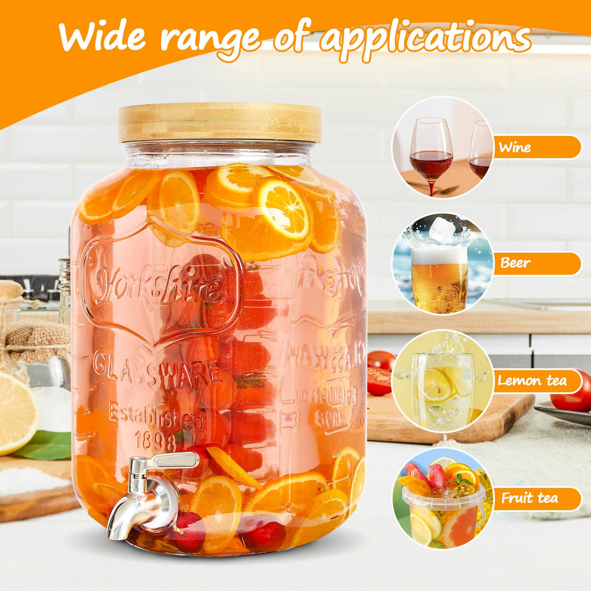 2 Gallon Glass Beverage Dispenser with Wood Stand M6904