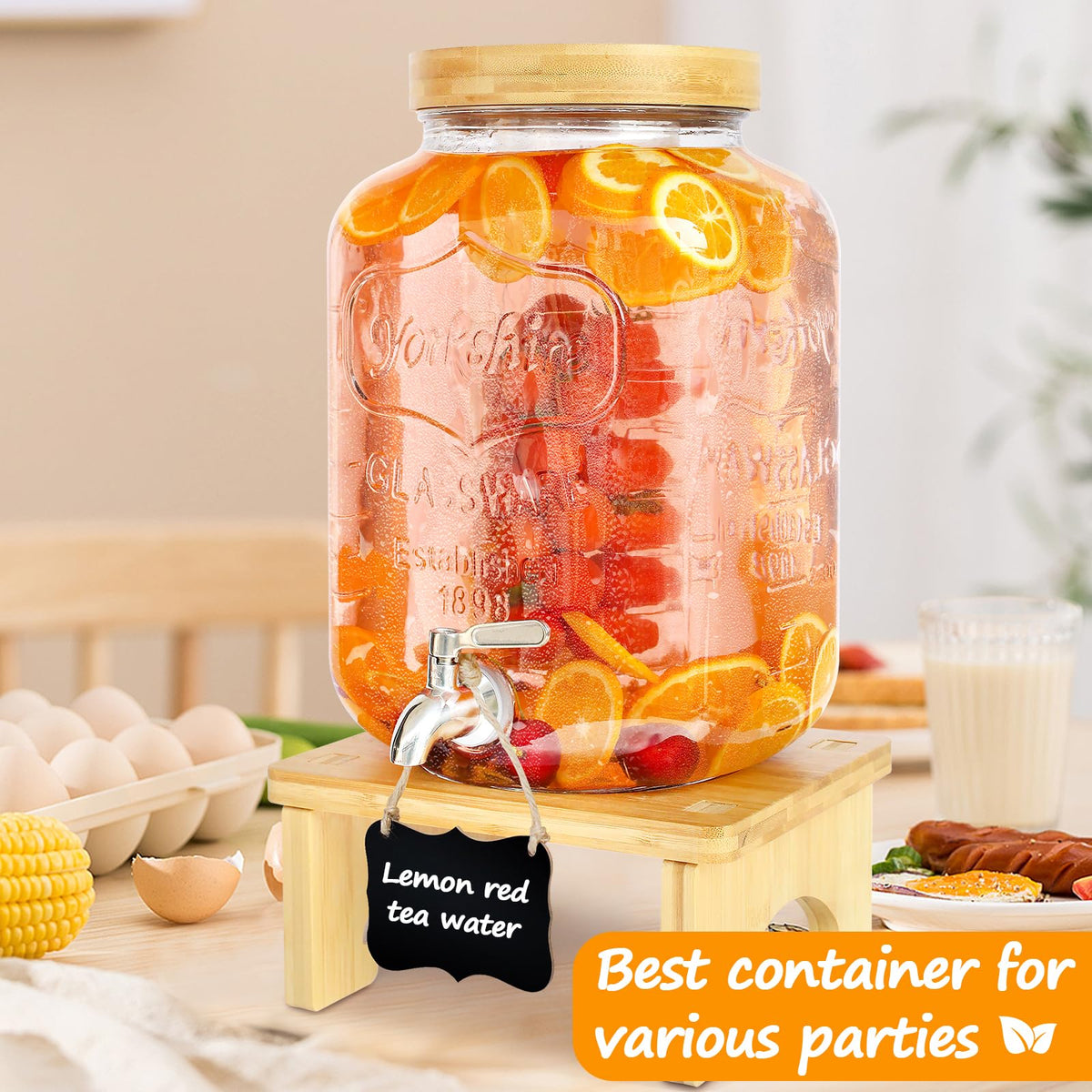 2 Gallon Glass Beverage Dispenser with Wood Stand M6904