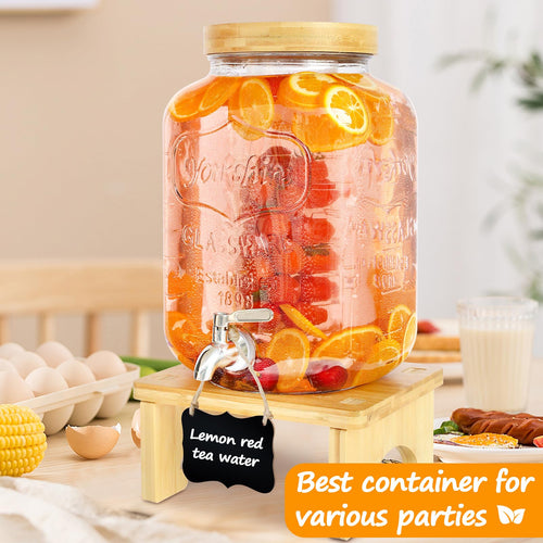 2 Gallon Glass Beverage Dispenser with Wood Stand M6904
