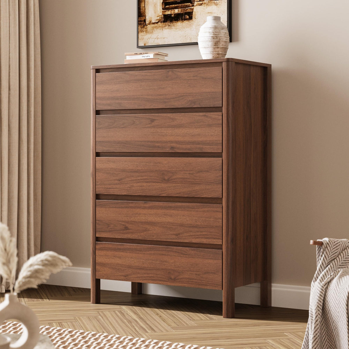 Walnut 5 Drawer Wood Dresser Q453