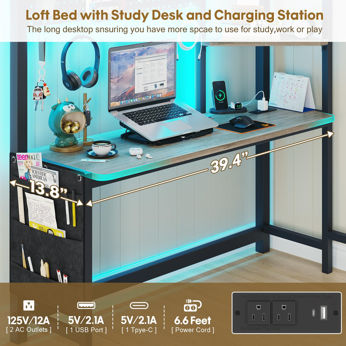 Twin Loft Bed with Desk and 6 Storage Drawers S2627