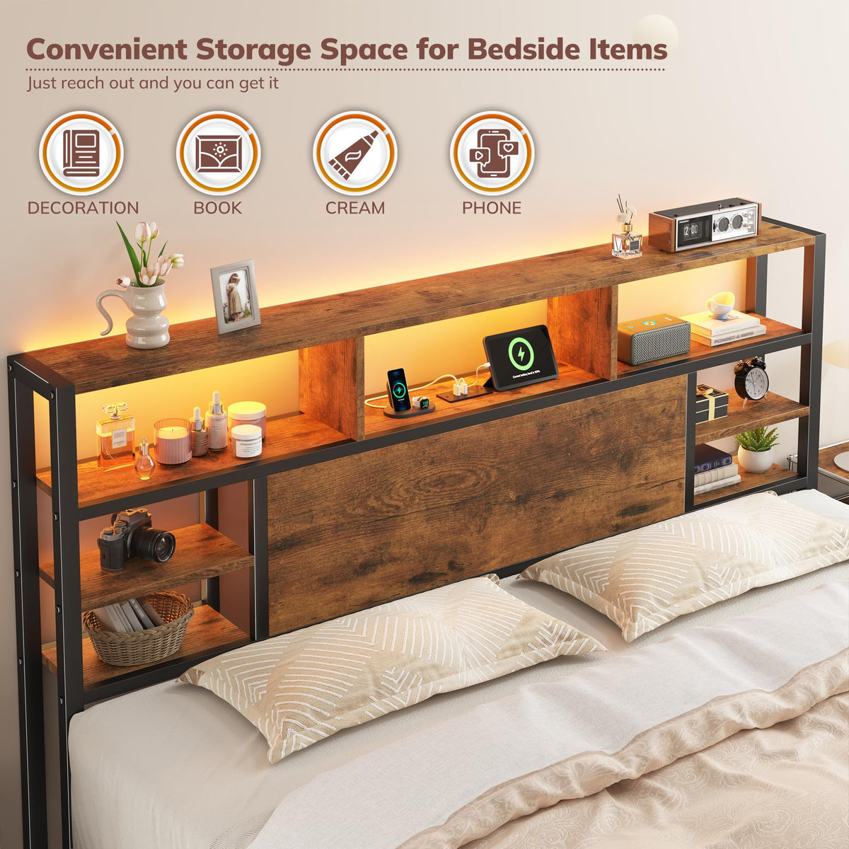King Bed Frame with Storage Headboard and Charging Station P6449