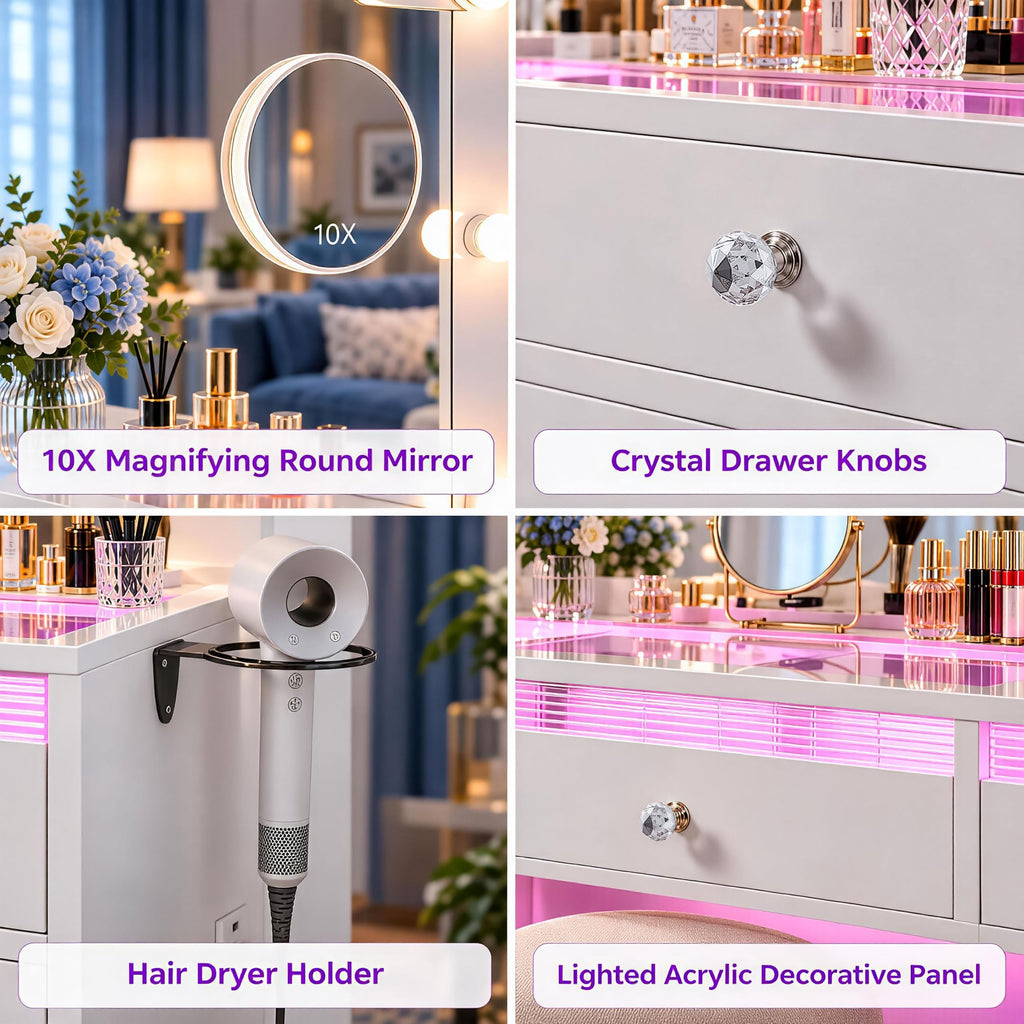 White Vanity with Lighted Mirror and Glass Top R8685