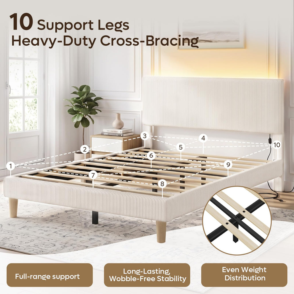 Queen Bed Frame with Headboard LED Lighting, Upholstered, Beige J67460