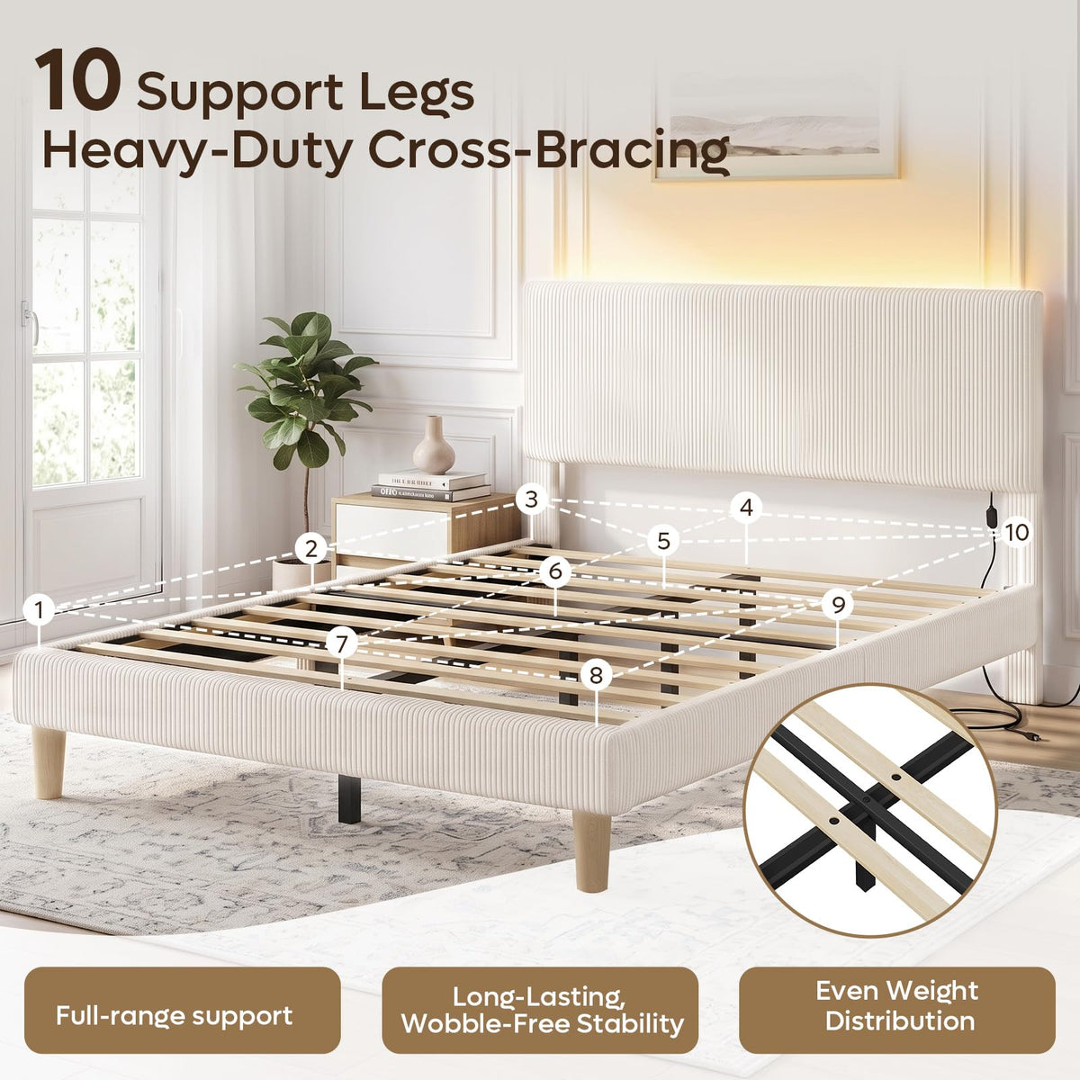 Queen Bed Frame with Headboard LED Lighting, Upholstered, Beige J67460