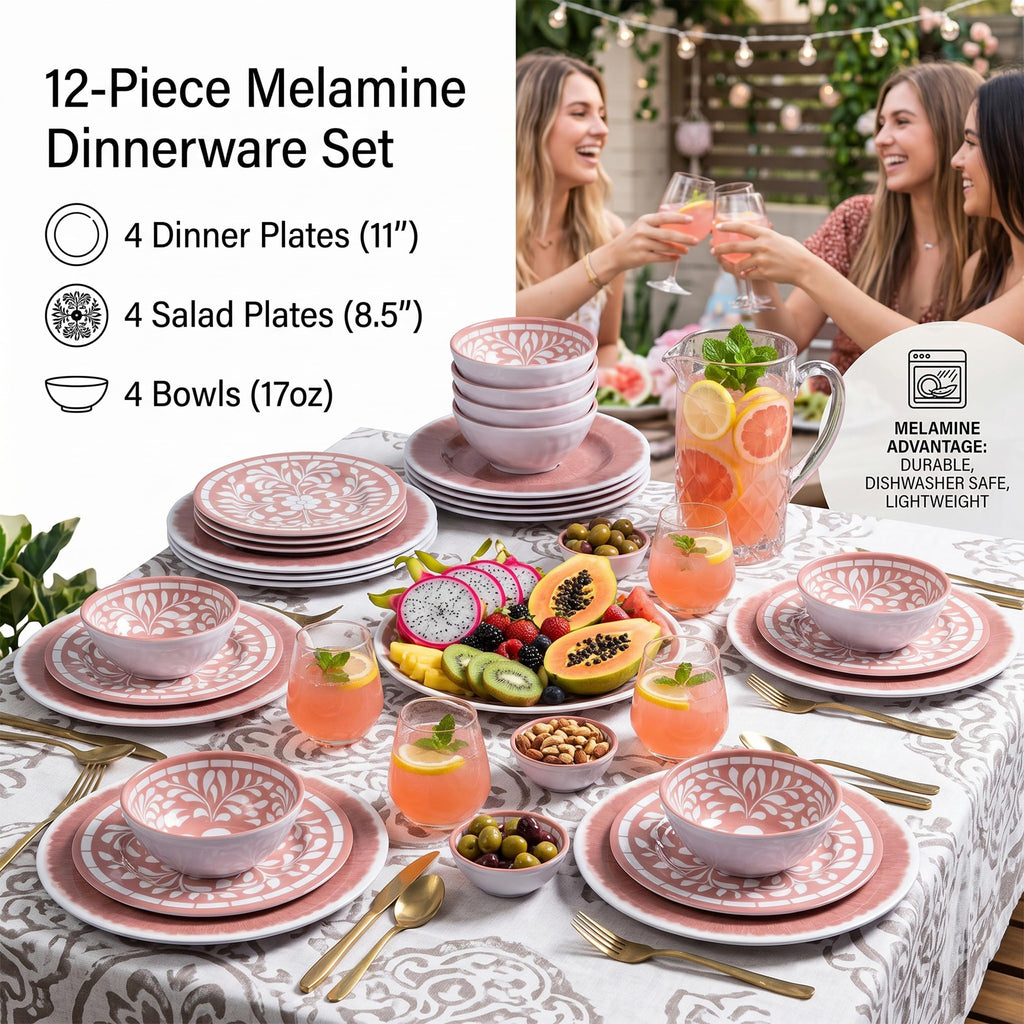 12 Pcs Light Pink Melamine Dinnerware Set A84356