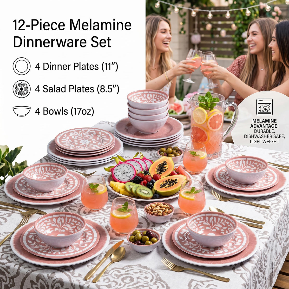 12 Pcs Light Pink Melamine Dinnerware Set A84356
